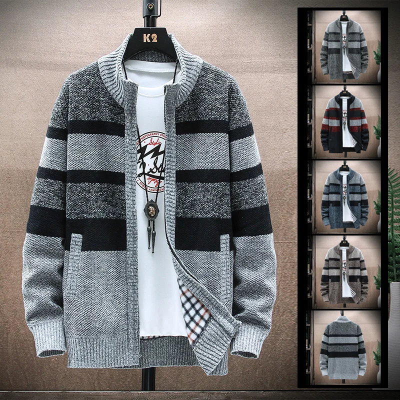 Top Trends: New Men&#039;s Winter Striped Sweater Cardigan Man Patchwork Spring Autumn Fleece Thick Warm Knitwear Zip Up Coat Male Jacket Shoppable Styles