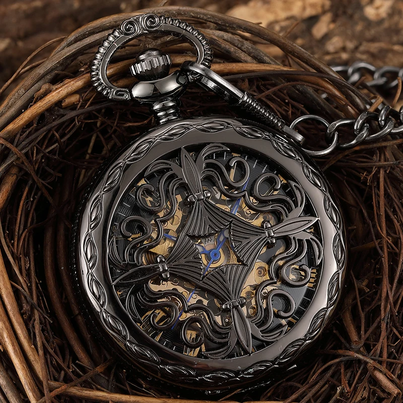 Top Trends: Unique Mechanical Pocket Watch Hollow Black Dial Hand-Winding Men Pendant Collection Fob Chain Watch Skeleton Steampunk Clock Shoppable Styles