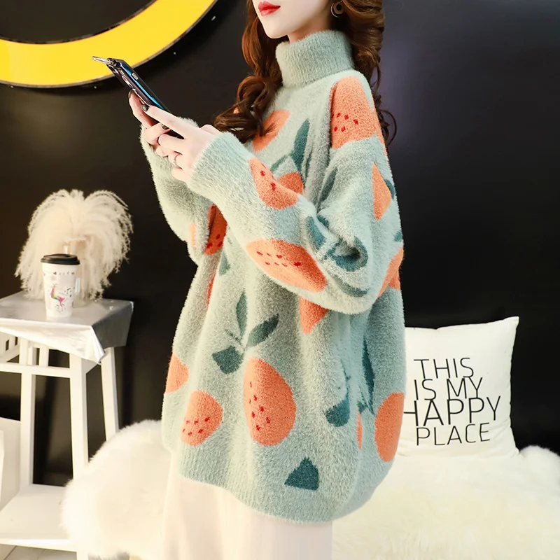 Top Trends: Knit Plush Sweater Women Loose Turtleneck Female Pullovers Cute Fruit Printed Woman Sweater Winter Soft Sweet Thick Pullovers Shoppable Styles