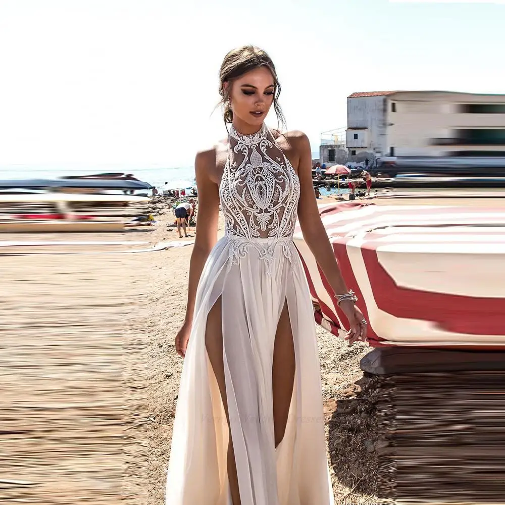 Top Trends: Beach Wedding Dress Boho Bride Gown Sexy High Side Slit Halter Lace Top Chiffon Skirt Long Backless Bridal Dresses Shoppable Styles