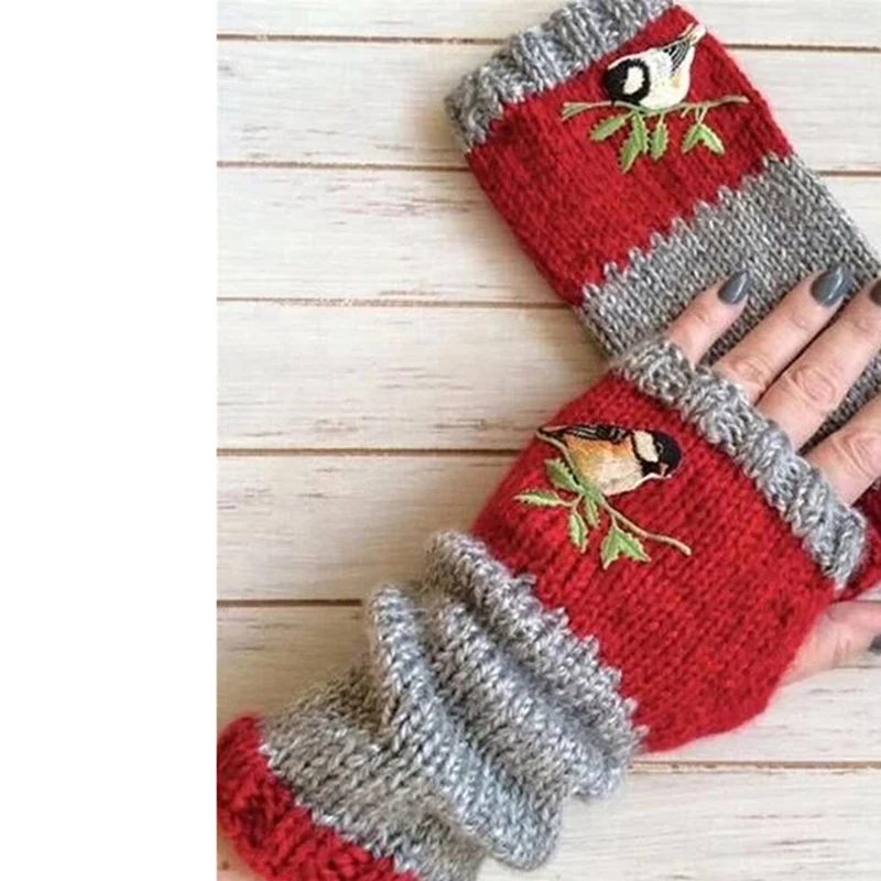 Top Trends: Retro Women Birds Embroidery Gloves Knitted Fingerless Plus Velvet Color Block Splice Mittens Girls Winter Gloves Christmas Gift Shoppable Styles