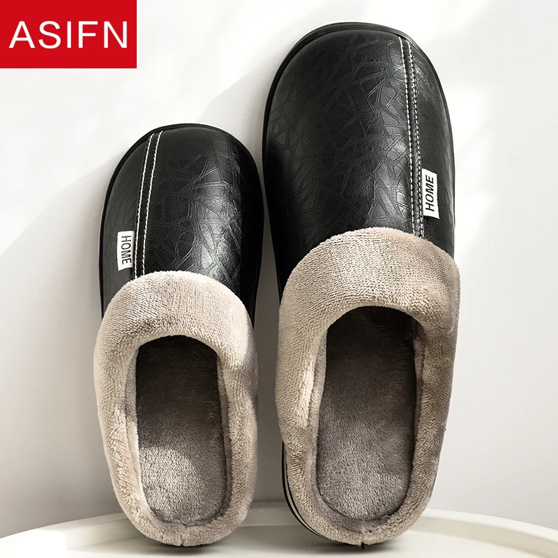 Top Trends: ASIFN Home PU Leather Winter Slippers For Men Indoor Waterproof Fur Cotton Male Couples Men's Big Size Slippers Flat Men Shoes Shoppable Styles