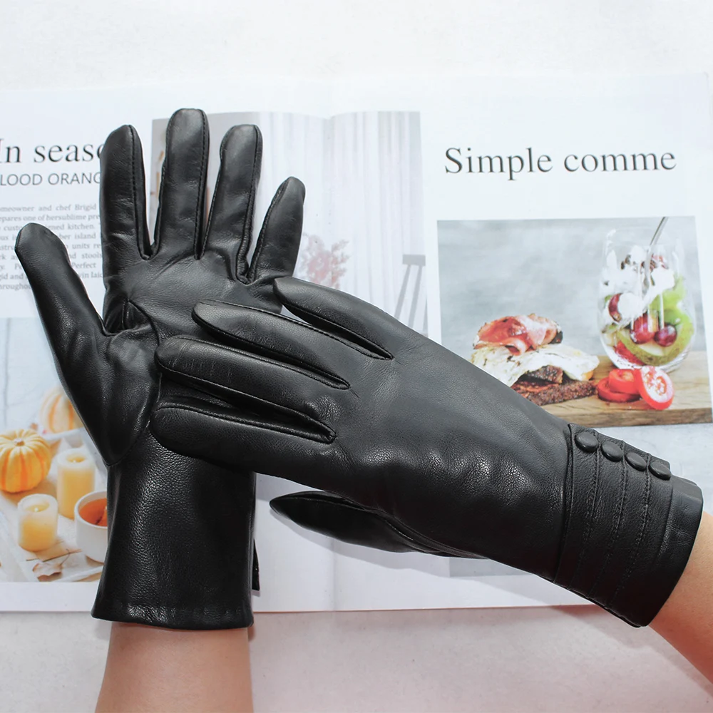 Top Trends: New Women's Black Leather Gloves Fashion Short Fake Rabbit Fur Lining Buttons Style Sheepskin Gloves To Keep Warm In Winter Shoppable Styles