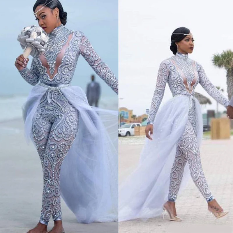 Top Trends: Plus Size Jumpsuits Wedding Dresses Bridal Gowns High Neck Beading Long Sleeve Bride Wear With Detachable Train 2023 Shoppable Styles