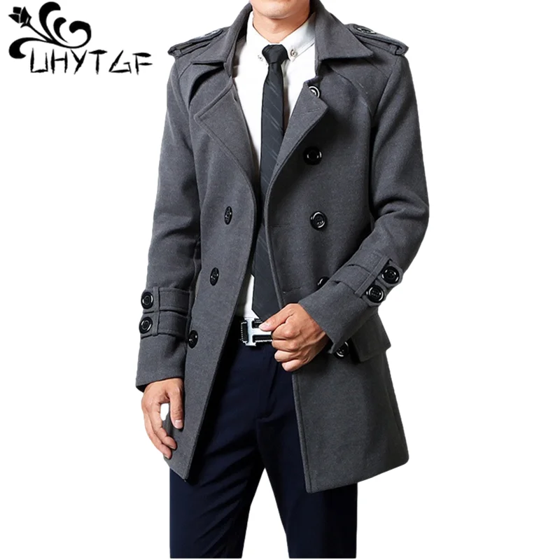 Top Trends: UHYTGF Autumn Winter Solid Trench Coats Men Coat Fashion Double Breasted Windbreaker Jacket With Belt Lapel Overcoat Parka 906 Shoppable Styles