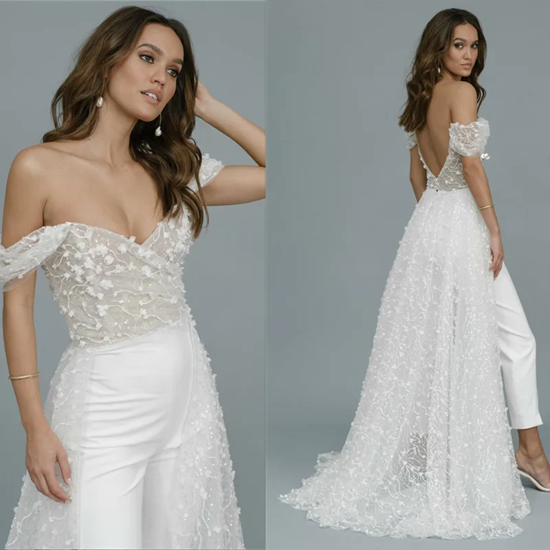 Top Trends: Wedding Jumpsuit With Long Train Lace 3D Custom Made Appliqued Sequins Bridal Pants Suit Off The Shoulder Vestidos De Novia Shoppable Styles