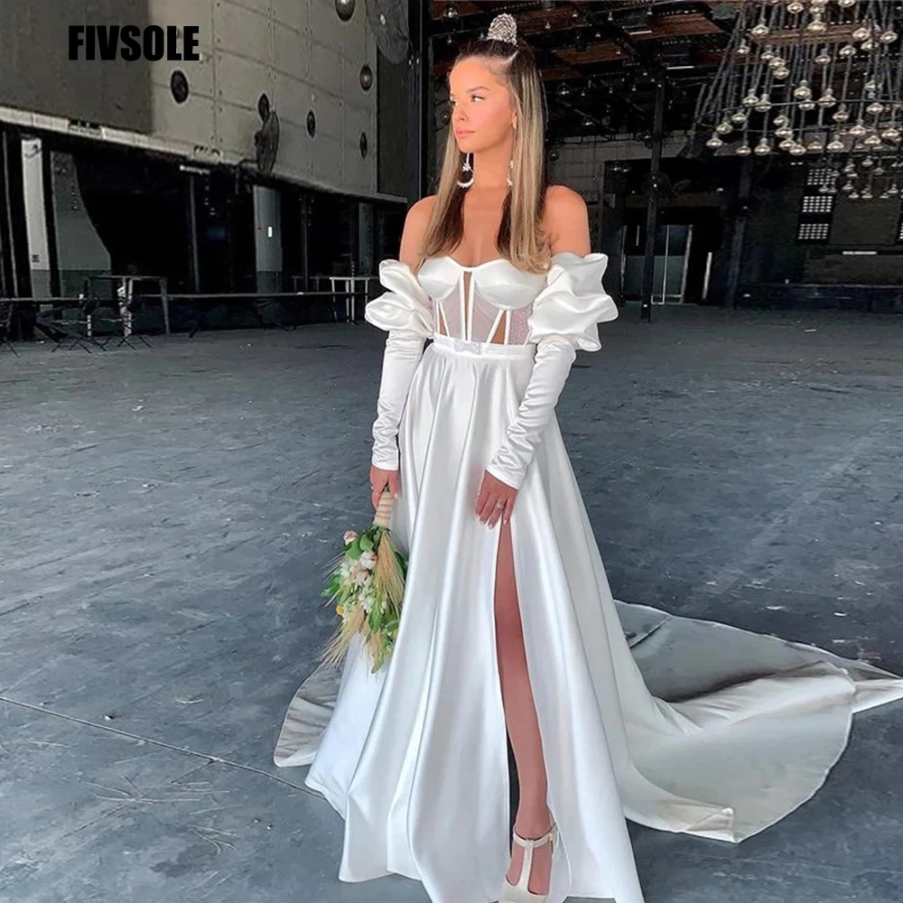 Top Trends: Fivsole Sexy Royal Soft Long High Side Slit Wedding Dress Long Sleeves Strapless Sweep Train Bridal Dresses Gowns Robe De Mariee Shoppable Styles