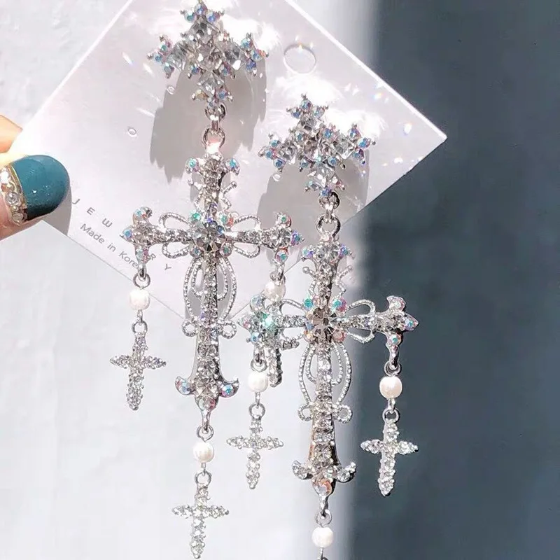 Top Trends: Korean New Trendy Luxury Palace Style Silver Color Crystal Pearl Cross Dangle Earrings For Women Elegant Party Jewelry Shoppable Styles