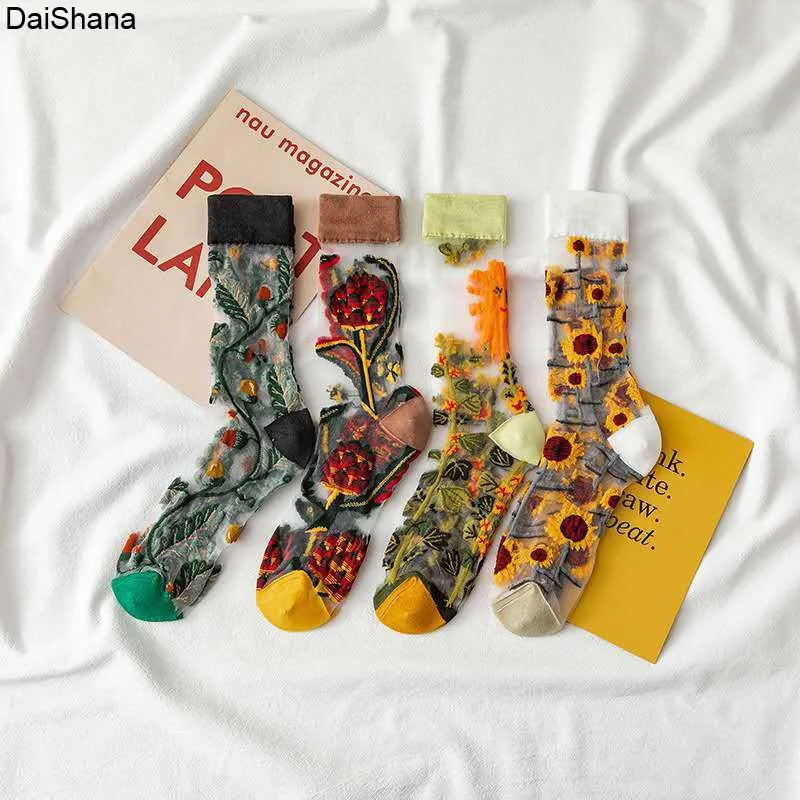 Top Trends: 2021 New Product High Quality Women Socks Harajuku Crystal Slik Tide Socks Funny Sunflowers Vines Flowers Happy Cute Socks Shoppable Styles