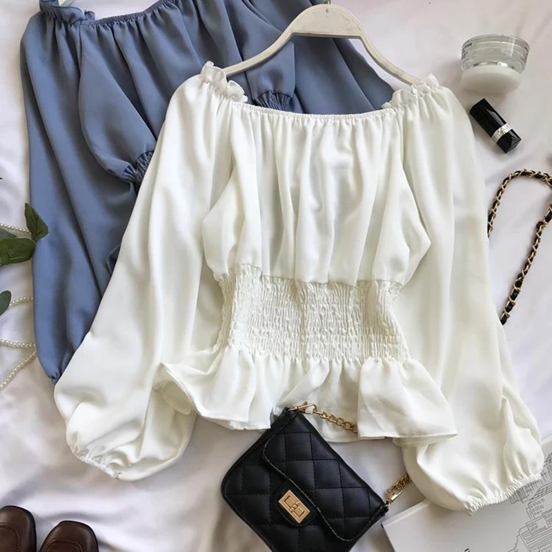 Top Trends: Youth Elegant Blouse Women Chiffon Fashion Blouse Off Shoulder White Shirt Ruffle Puff Sleeve Top Office Wear 2022 Shoppable Styles