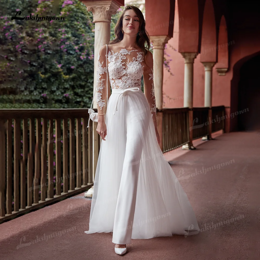 Top Trends: Modern Long Sleeve Jumpsuit Wedding Dress Scoop Neck White Lace Appliques Boho Bridal Dress With Detachable Train Robe Mariee Shoppable Styles