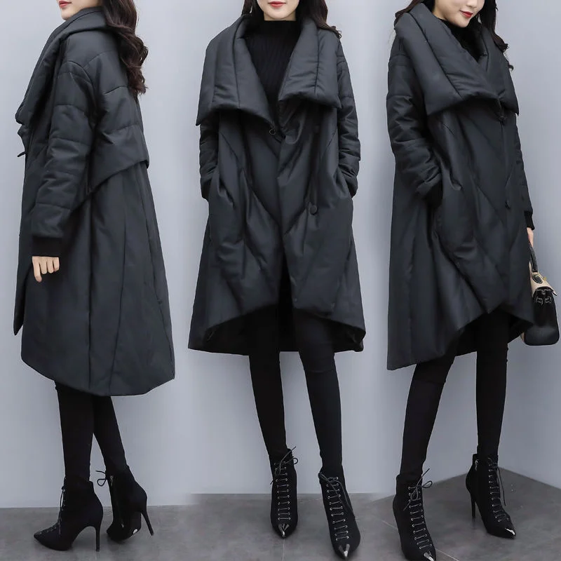 Top Trends: 2024 Winter New Women Loose Fashion Mid-length Down Padded Cotton Jacket Female Black Slimming Cloak Jacket Buttons Thickeing Shoppable Styles - Image 6