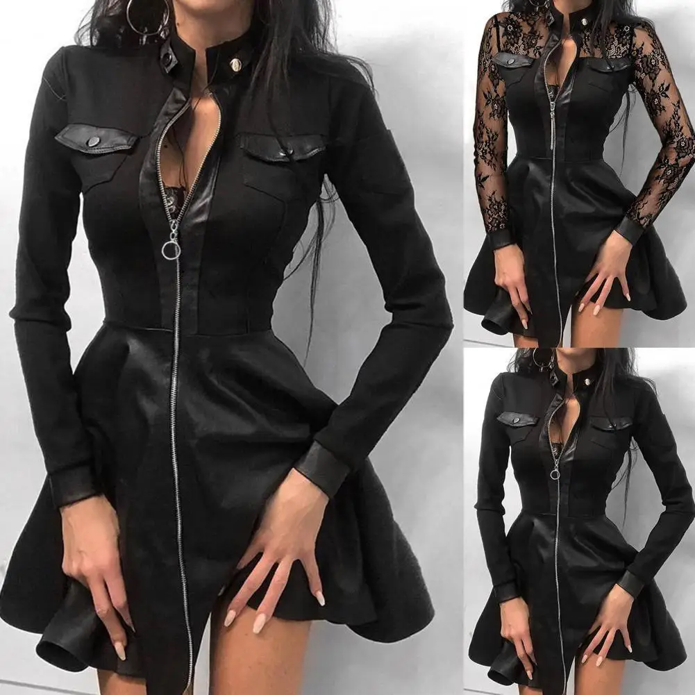 Top Trends: Women Long Sleeve Zipper Pocket Large Hem Faux Leather Lace Mini Dress Women's Clothing Elegant Fashion Party Dress Vestidos 5XL Shoppable Styles