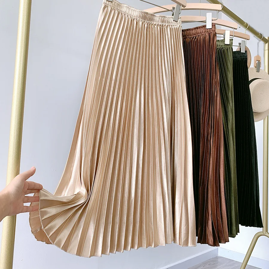 Top Trends: High Waist Satin Pleated Skirt SS0036 Autumn Solid Color Black Pink Blue White Long Skirt For Women Shoppable Styles