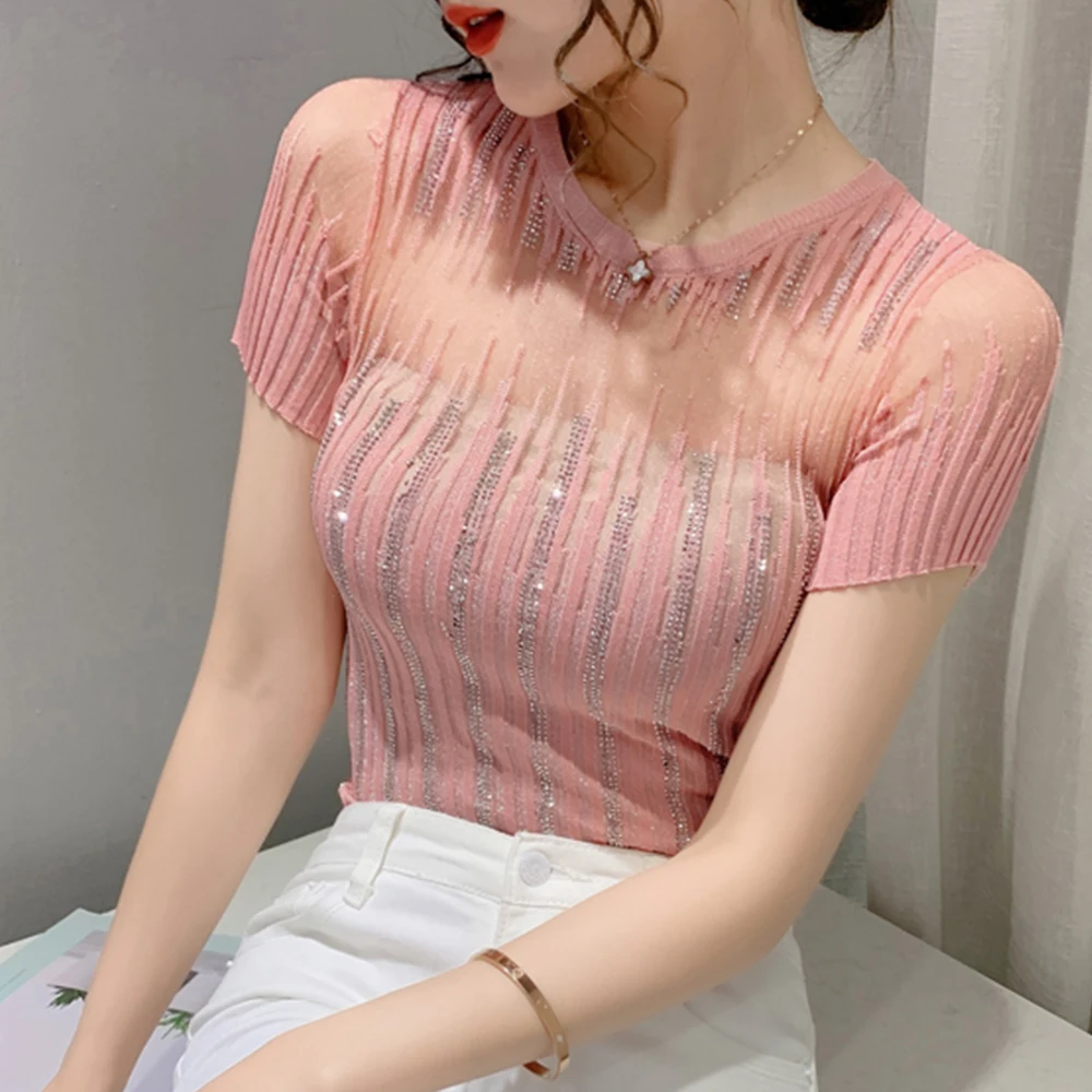 Top Trends: Sexy Hollow Out Drills Summer New Short Sleeve Sweater-Shirt Cultivate One'S Morality Ice Silk Blouse Thin Female Knit Net Yarn Shoppable Styles