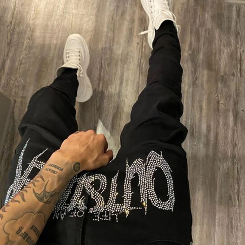 Top Trends: New Men Trend Black Ripped Jeans Fashion Street Hole Trousers Cozy Skinny Design Hot Rhinestone Stretch Soft Washed Denim Pants Shoppable Styles