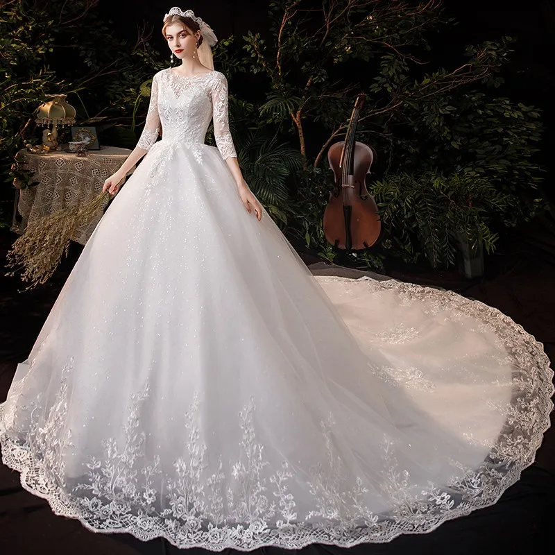 Top Trends: Luxury Big Sweep Train Pure White Wedding Dress 2023 New Simple O Neck Three Quarter Sleeve Lace Flower Plus Size Bridal Gown Shoppable Styles