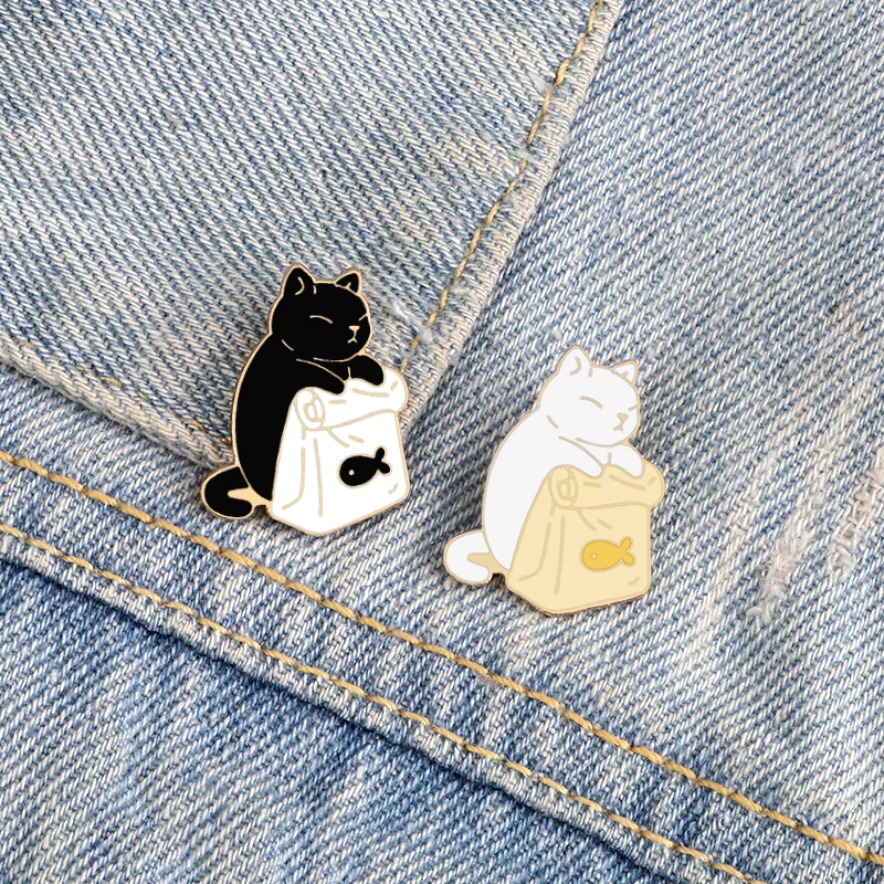 Top Trends: Cute Black White Cats Enamel Pins Dried Fish Bag Brooch Cartoon Animal Badges Denim Lapel Pin Jewelry Gift For Kids Best Friends Shoppable Styles