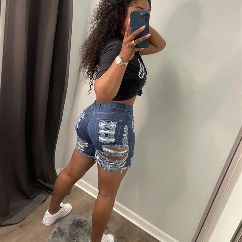 Top Trends: BKLD Blue Denim Shorts Jeans Women Clothing 2021 Summer Fashion Hollow Out Streetwear High Waist Bodycon Ripped Shorts Shoppable Styles