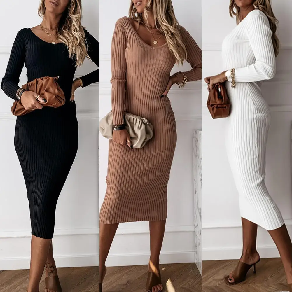 Top Trends: Women Autumn Solid Color V Neck Long Sleeve Ribbed Knitted Bodycon Maxi Dress Women&#039;s Clothing женское платье Vestidos 2020 Shoppable Styles