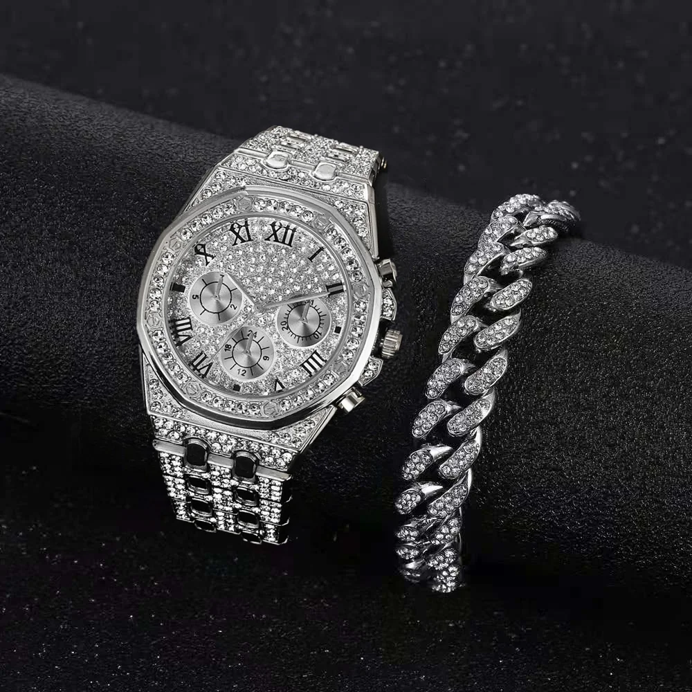 Top Trends: Luxury Iced Out Watch For Men Women Hip Hop Miami Bling CZ Cuban Chain Big Gold Chain Necklace Paved Rhinestones Men Jewelry Set Shoppable Styles - Image 3