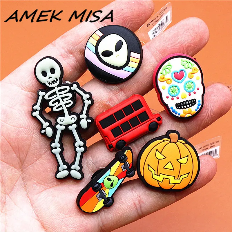 Top Trends: 1pcs Original PVC Shoe Charms NEW Skeleton Cartoon Bus Alien Pumpkin Lantern Slippers Decorations Pin For Kids Party Gifts U196 Shoppable Styles