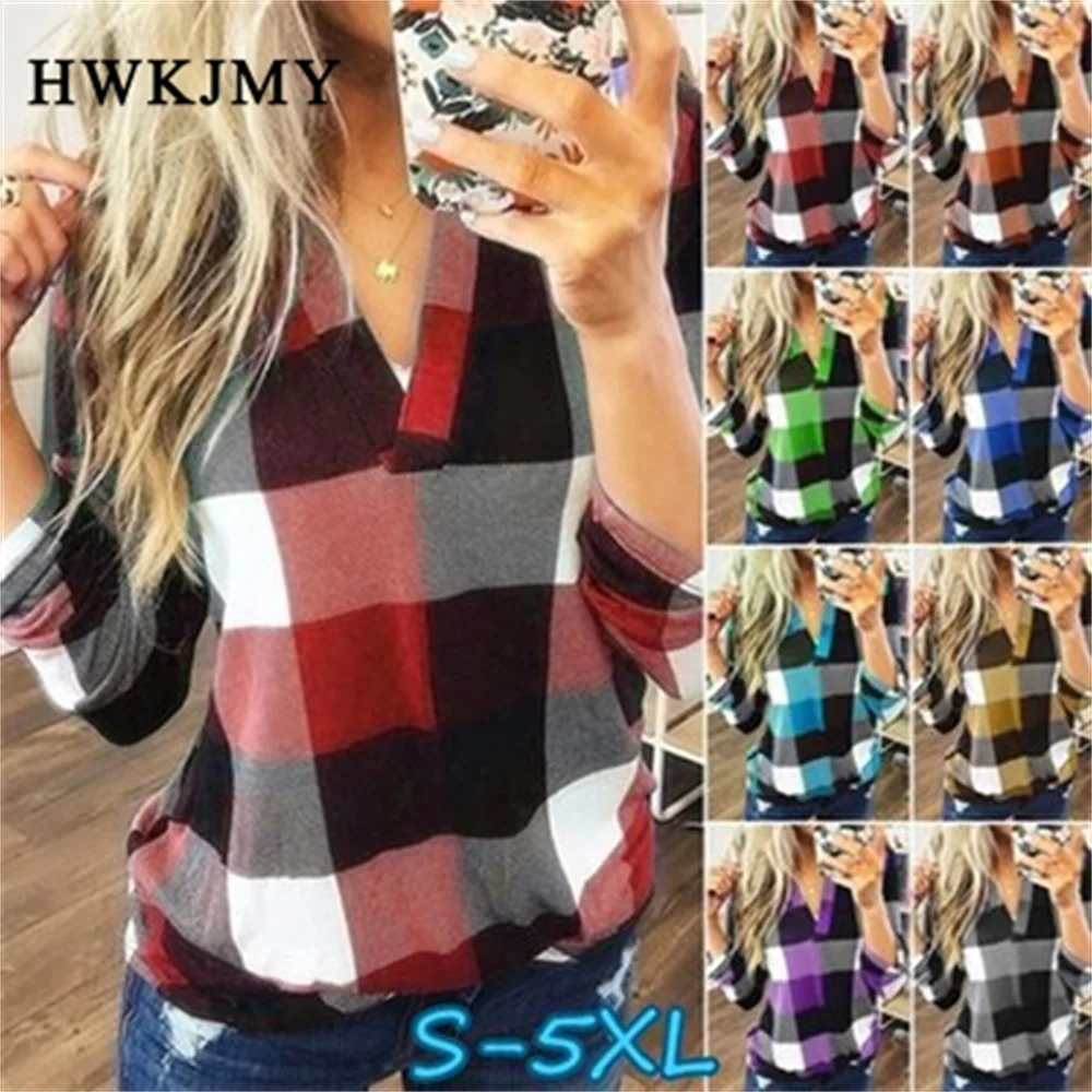 Top Trends: Women Plaid Printed Shirts Long Sleeve V-Neck Ladies Tops Turn Down Collar All-Match Fashion Tunic Shirts Clothes 5XL Shoppable Styles