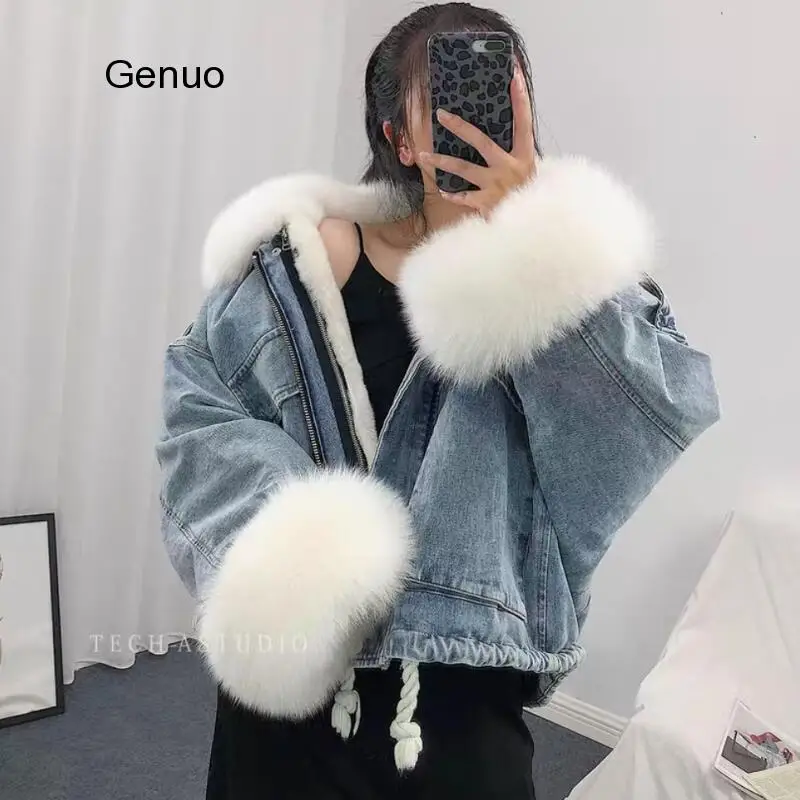 Top Trends: Winter Thick Warm Coat Women Fur Denim Jacket 2020 New Korean Faux Fox Fur Collar Rex Rabbit Liner Bat Sleeve Loose Female Parka Shoppable Styles