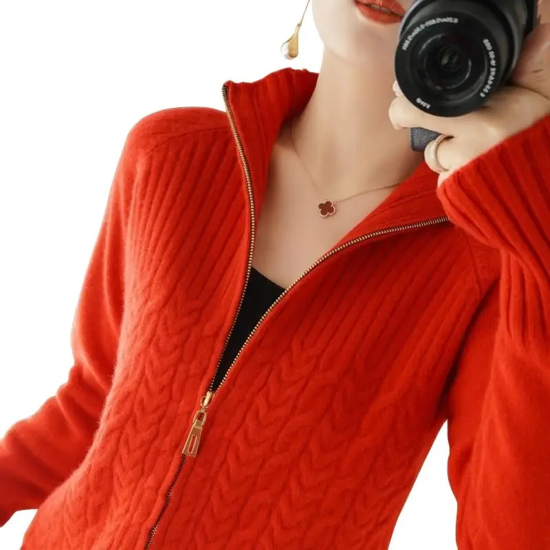 Top Trends: Zipper Knitted Sweater Cardigan Women Stand-Up Collar Loose Cable Solid Knit Sweater Jacket Female Student Tops Autumn Red Pink Shoppable Styles