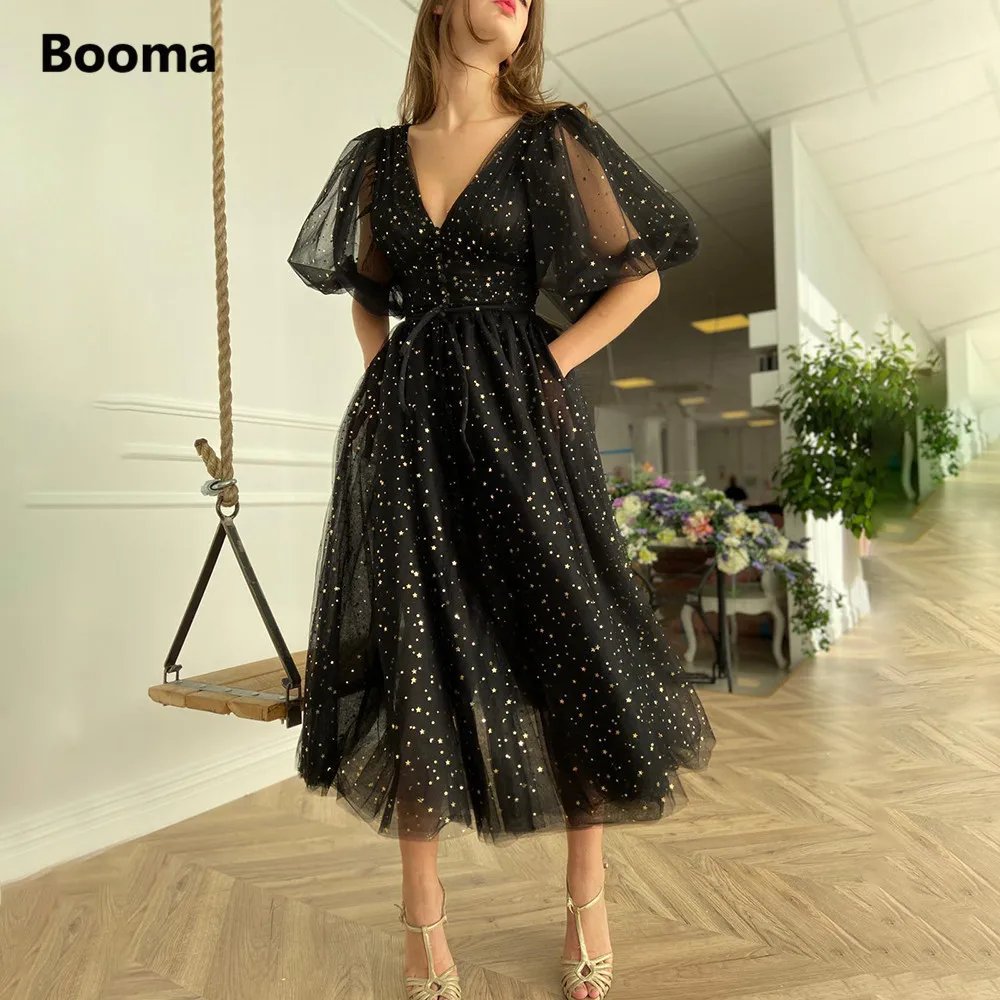 Top Trends: Booma Black Starry Tulle Prom Dresses Sparkly V-Neck Half Puff Sleeves Wedding Party Dresses Buttoned Top Tea-Length Prom Gowns Shoppable Styles