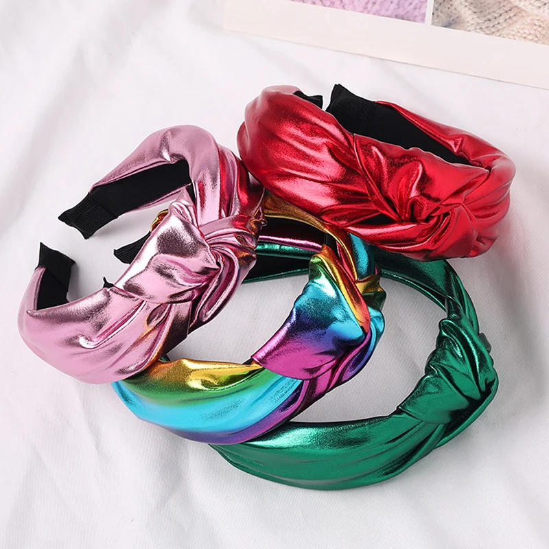 Top Trends: 2022 PU Leather Headbands Gold Silver Knotted Hairbands Glitter Headband Solid Color Leather Hair Hoop Women Hair Accessories Shoppable Styles - Image 3