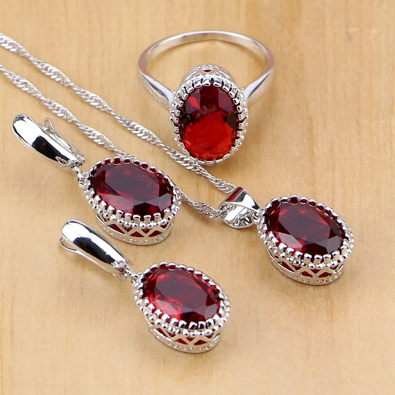 Top Trends: Mystic Red Ruby 925 Sterling Silver Jewelry Sets For Women Wedding Accessories Earrings / Pendant / Necklace / Rings Dropshipping Shoppable Styles