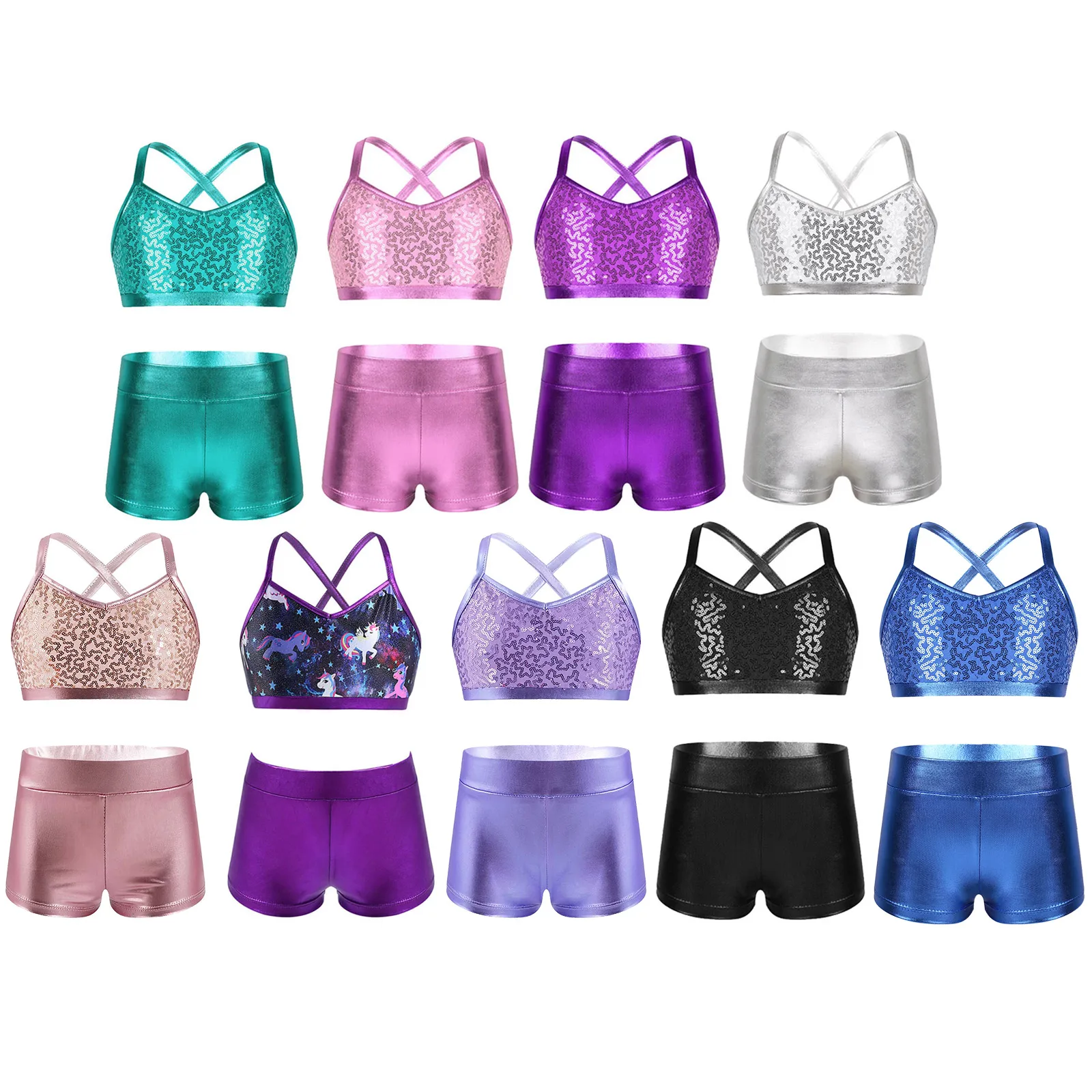 Top Trends: New Girls Ballet Dance Gymnastics Clothes Kids Sports Fitness Gym Workout Tankini Outfit Shiny Sequins Tank Bra Tops+ Shorts Set Shoppable Styles