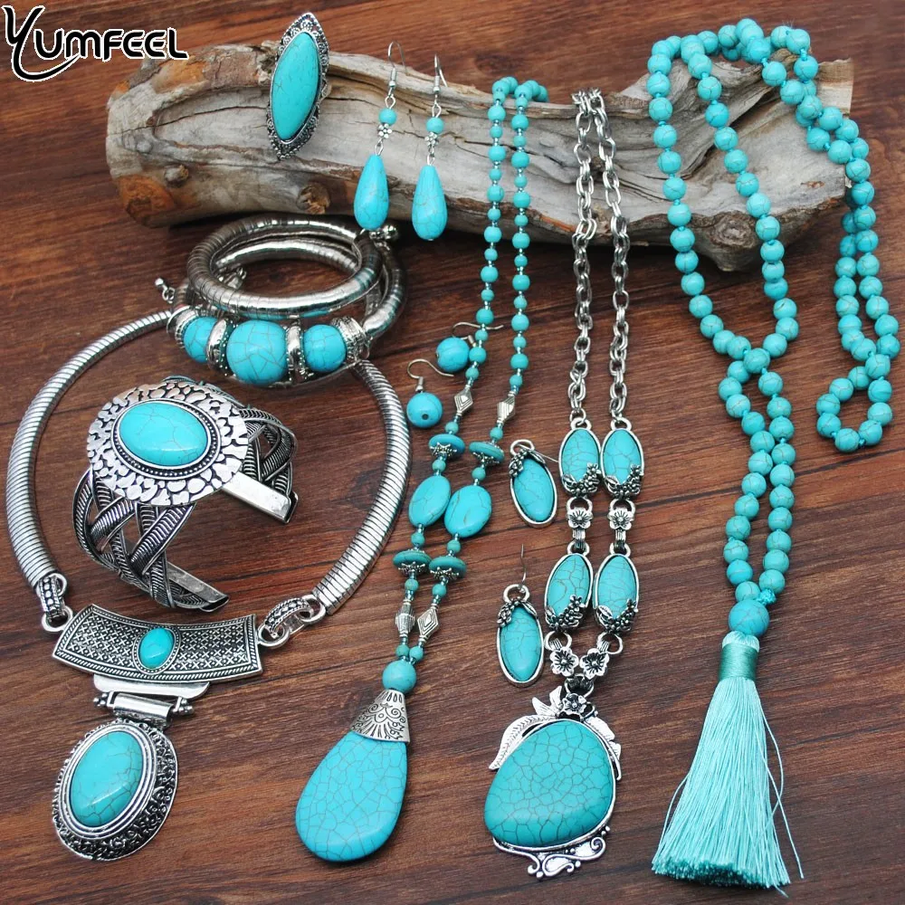 Top Trends: Yumfeel New Turquoise Bracelet Jewelry Set Vintage Silver Plated Necklace Bracelet Earring Ring Jewelry Sets Women Shoppable Styles