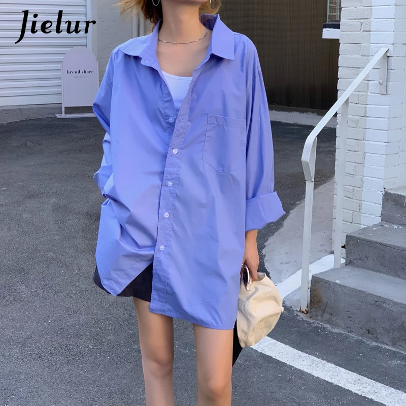 Top Trends: Jielur Korean Mid-length Harajuku Women Shirts Loose Blouse Female Street Casual Cool Boyfriend White Blue Shirt Pocket S-L Shoppable Styles