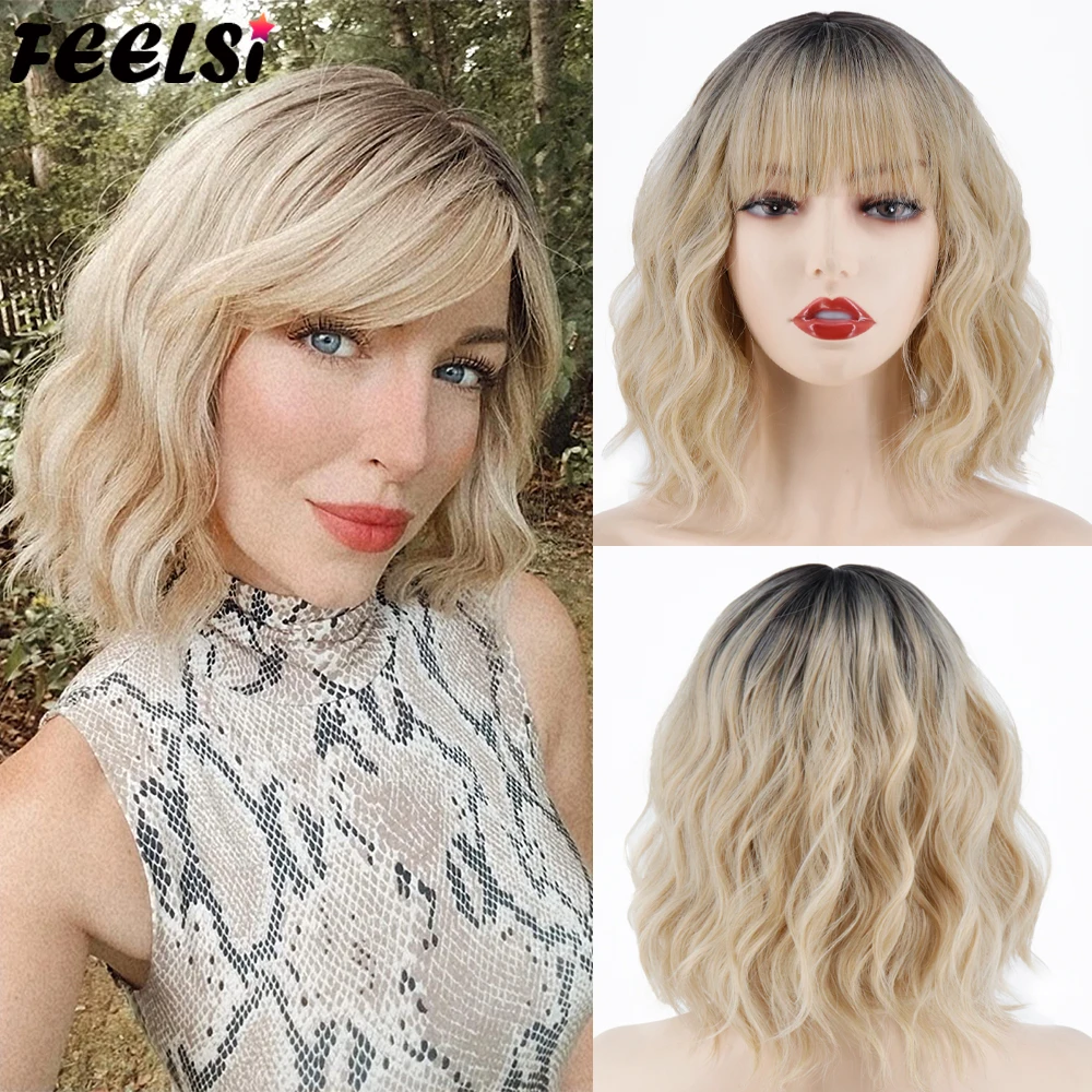 Top Trends: Synthetic Wig Short Platinum Blonde Ombre Wavy Wig Dark Roots With Bangs For Women Shoulder Length Natural Looking Daily Use Shoppable Styles