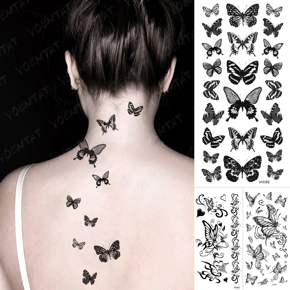 Top Trends: Waterproof Temporary Tattoo Stickers Black Butterfly Moth Rose Flower Flash Tatto Women Sexy Neck Waist Body Art Fake Tatoo Men Shoppable Styles