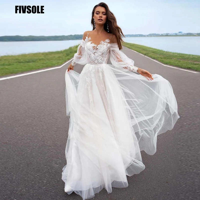 Top Trends: Fivsole Long Puff Sleeves Wedding Dresses Appliques Lace 3D Flowers Off Shoulder Tulle Boho Bride Gown 2021 Vestidos De Novia Shoppable Styles