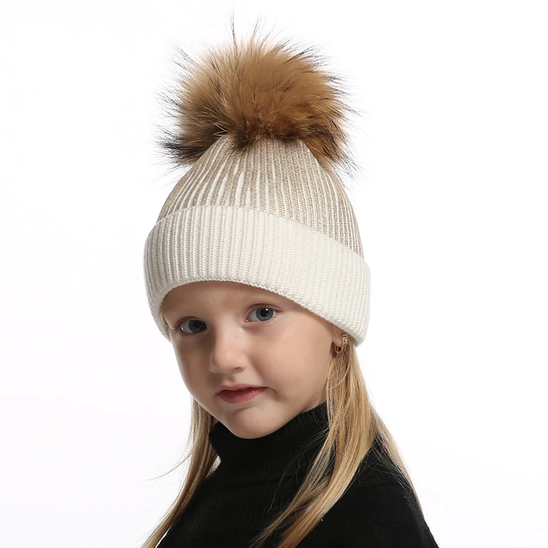 Top Trends: Wool Knitted Winter Hat For Kids Girls Boy Gold Silver Pink Black Metallic Print Beanie Real Fur Pompom Hat Shoppable Styles