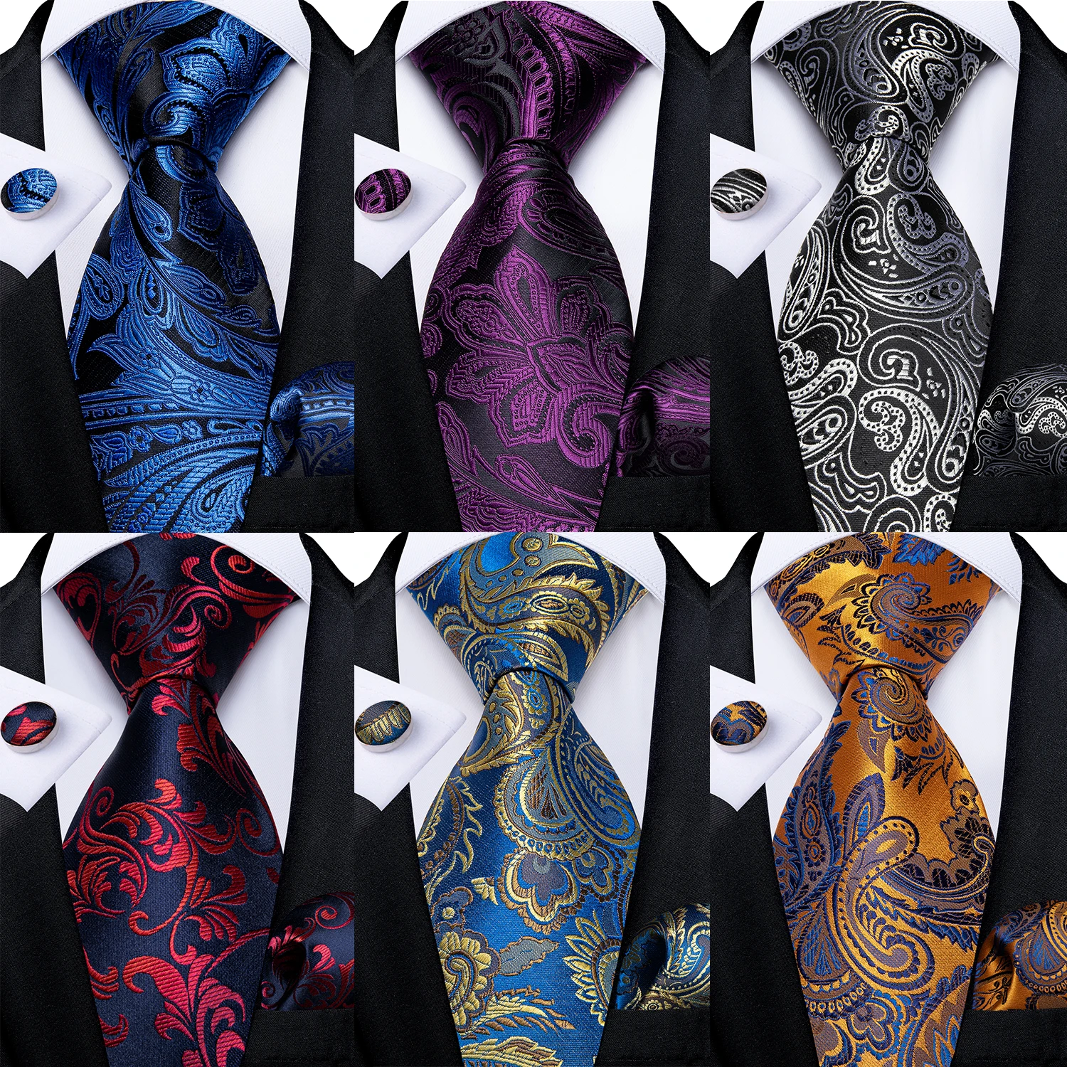 Top Trends: Designer Men&#039;s Silk Tie Set Luxury Black Silver Blue Paisley Business Wedding Neck Tie For Men Pocket Square Cufflinks Gift Set Shoppable Styles