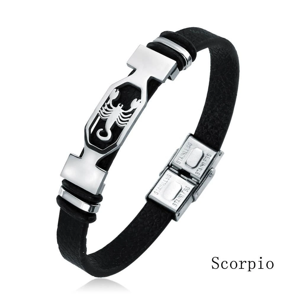 Top Trends: 12 Constellation Stainless Steel Cuff Bracelet Men Women Zodiac Sign Black Leather Wrap Bracelet Jewelry Pulseras Hombre Shoppable Styles