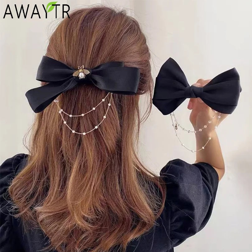 Top Trends: AWAYTR New Bow Pearls Chain Barrettes Hairpins For Women Rhinestone Spring Hair Clips Ribbon Headband Ponytail Hair Accessories Shoppable Styles