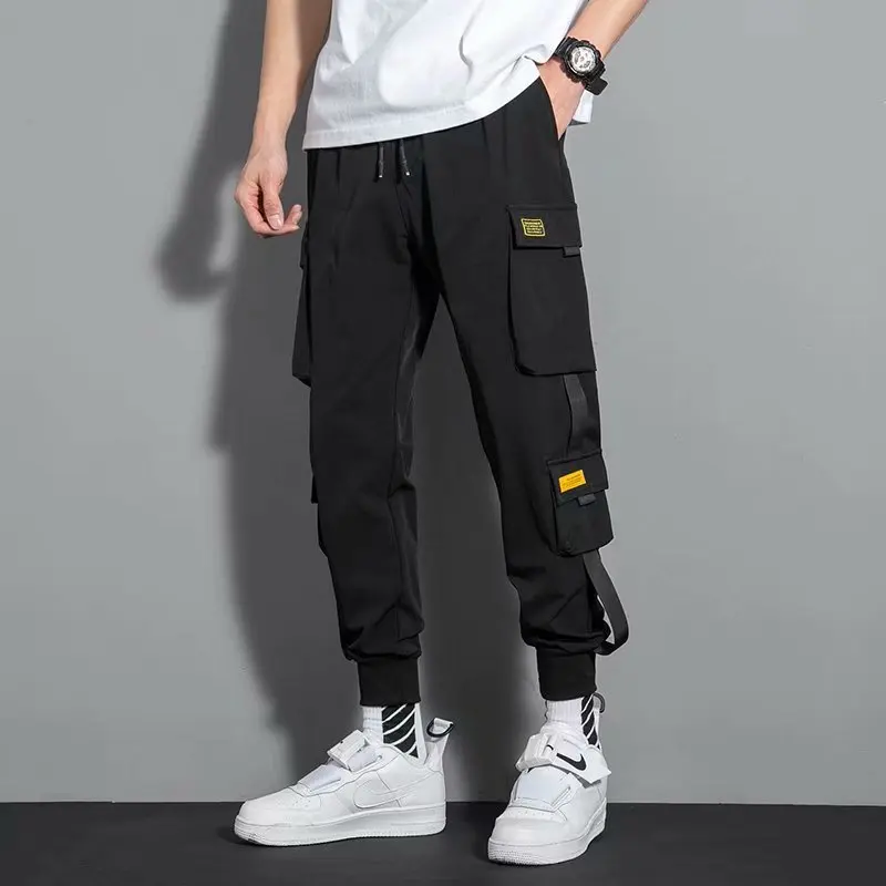 Top Trends: 2021 Ribbons Black Men's Cargo Pants Side Pockets Casual Streetwear Pant Male Hip Hop Male Joggers Trousers Men Man Casual Pants Shoppable Styles