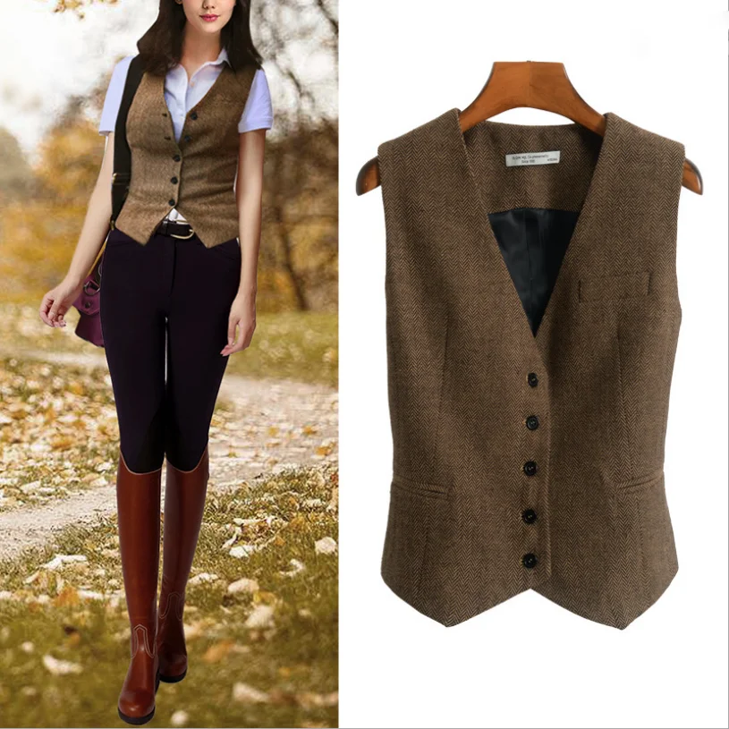 Top Trends: Women's Suit Vest Herringbone Tweed V-neck 4 Button Vest Ladies Retro Slim Fit Sleeveless Waistcoat Steampunk Femme Shoppable Styles