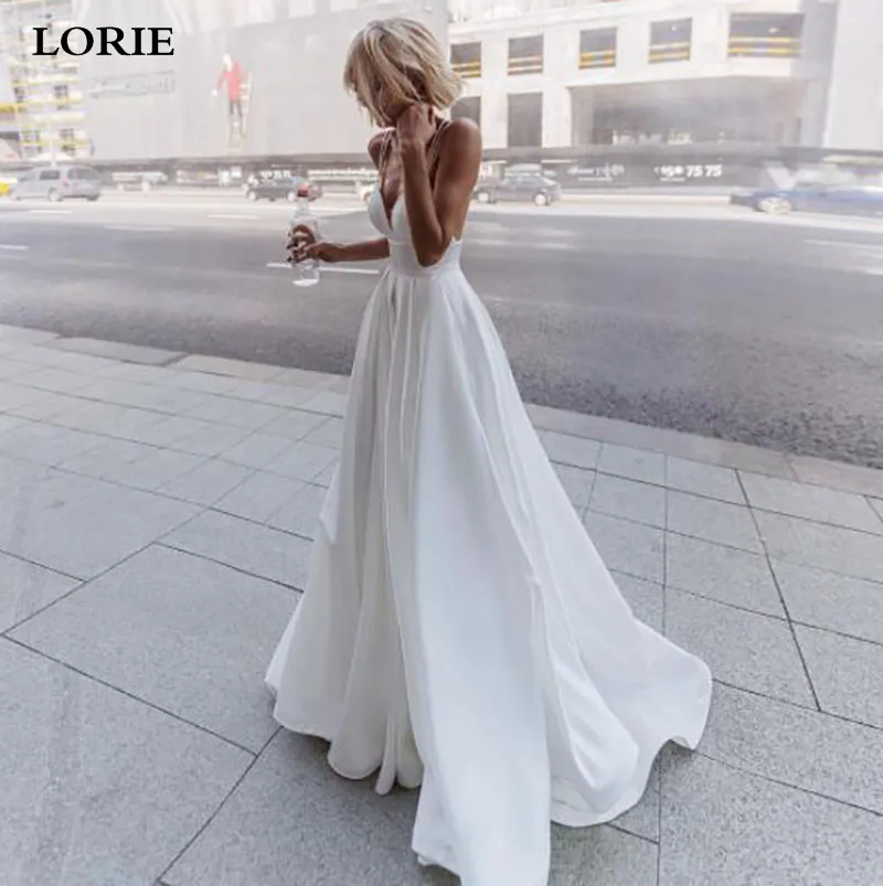 Top Trends: LORIE Slik Satin A Line Wedding Dresses Beach Spaghetti Straps V Neck Bride Gowns 2021 Abito Da Sposa Backless Wedding Gowns Shoppable Styles