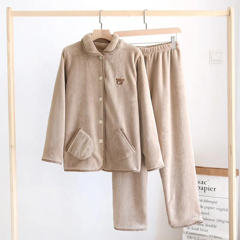 Top Trends: Autumn And Winter New Couple Pajamas Long-sleeved Trousers Flannel Thickened Warmth Solid Color Cute Home Service Two-piece Suit Shoppable Styles