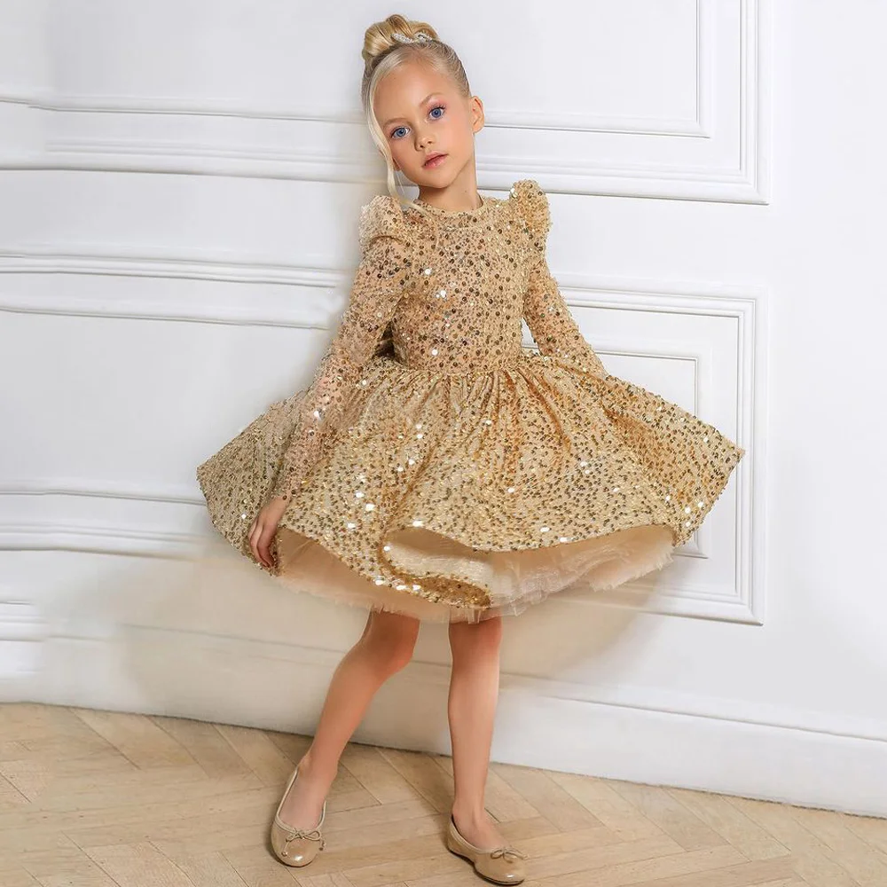 Top Trends: Luxury Gold Sequin Flower Girl Dress Long Sleeves Puffy Pageant Gown Big Bow Baby Birthday Party Dresses Shoppable Styles