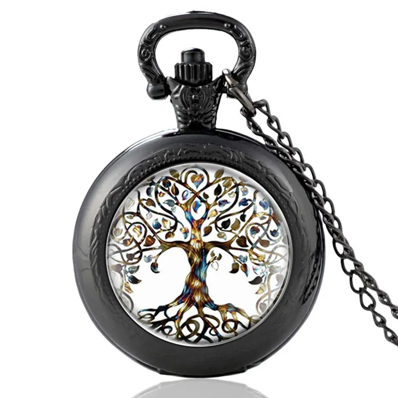 Top Trends: Black Classic Fashion The Tree Of Life Design Glass Cabochon Quartz Pocket Watch Vintage Men Women Pendant Necklace Chain Shoppable Styles - Image 2