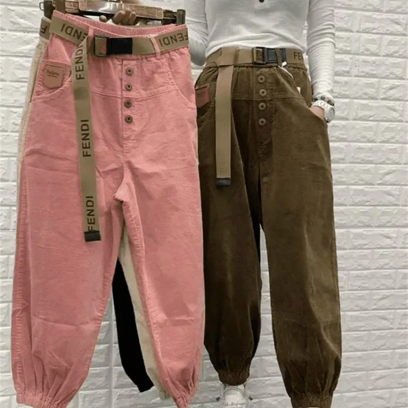 Top Trends: 2020 Autumn / Winter Corduroy Woman Pants High Waist Trousers Casual Plus Size Harem Pants Wide Leg Women's Ankle-Length Pants Shoppable Styles