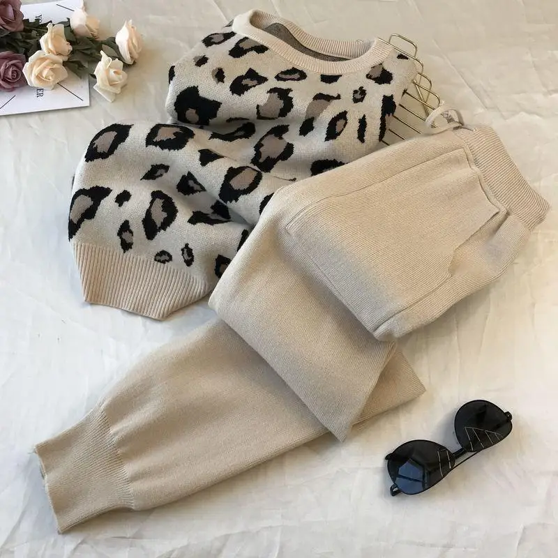 Top Trends: Ladies Two-piece Autumn And Winter Personalized Leopard Print Pullover Long-sleeved Sweater + Simple Pants Suit Shoppable Styles